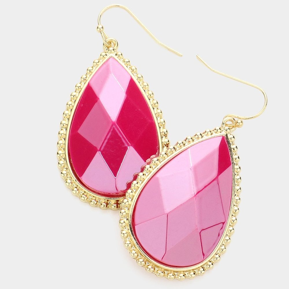 Fuchsia Teardrop Dangle Drop Earrings Gold Trim Fish Hook